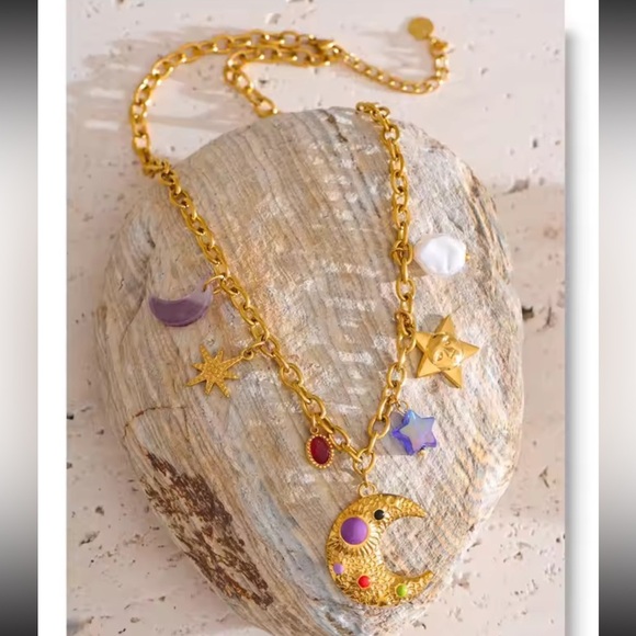 Moon Star Charms 18K Gold Stainless Steel Waterproof Necklace - Picture 9 of 12